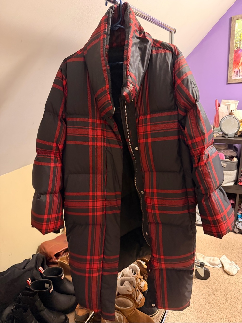 Banana Republic Red & Black Plaid Long Puffer Coat